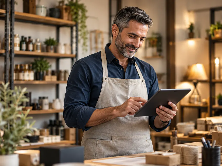 Un commerciante consulta un tablet nella sua bottega